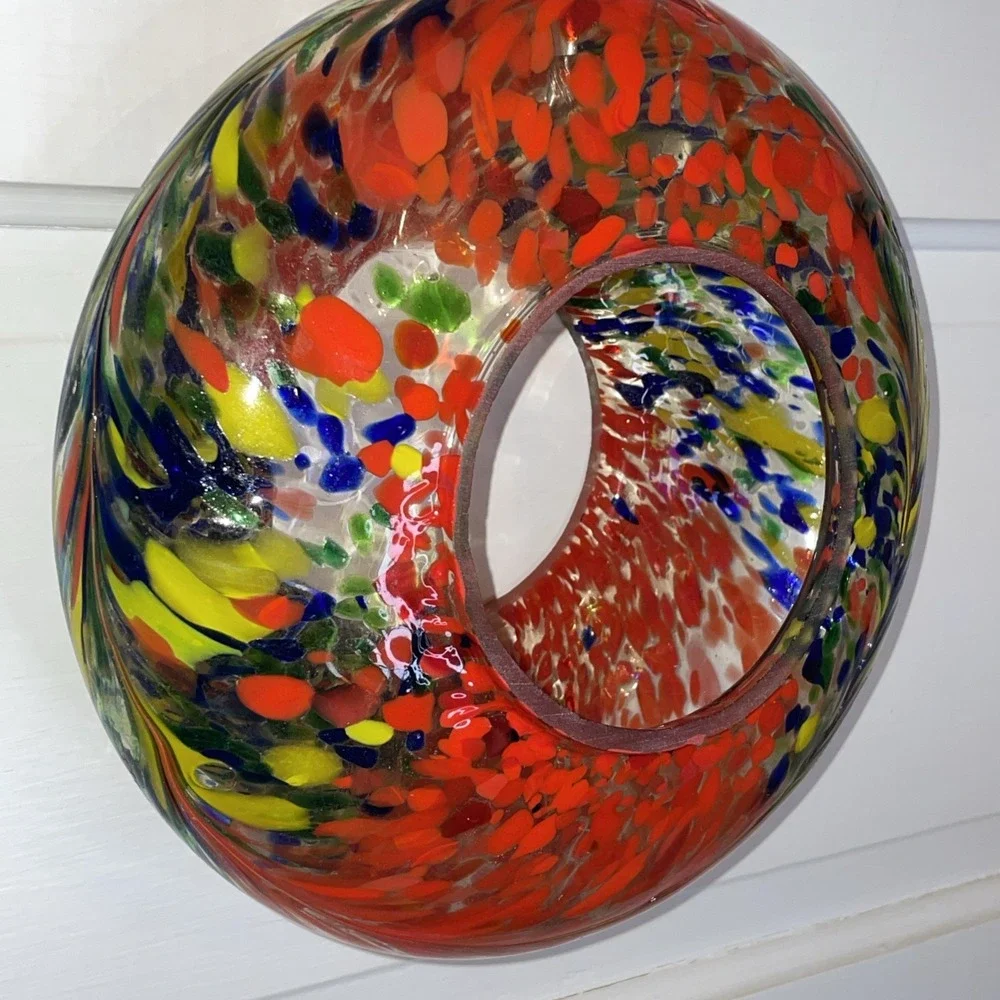 Designer Circular Doughnut‎ Hanging Art Speckled Glass Bird Feeder Hand Blown